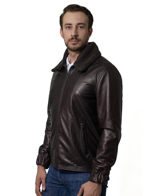 Chamarra Perry Ellis para Caballero en Piel Café Oscuro con Cuello de Borrego.